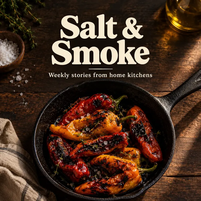 Podcast cover titled Salt and Smoke with a cast-iron pan of charred peppers on a dark table