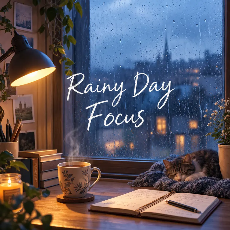 Lo-fi playlist cover titled Rainy Day Focus with a cozy desk by a rainy window