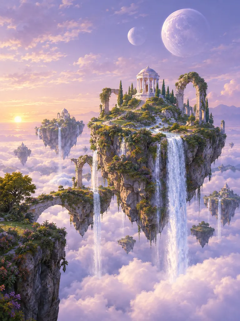 Floating islands with waterfalls and a white temple above the clouds under two moons
