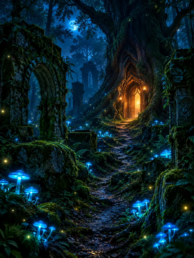 Night forest with glowing blue mushrooms, old ruins and a lit doorway in a hollow tree