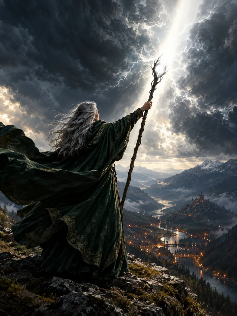 Gray-haired sorceress on a mountain ridge splitting storm clouds with a beam of light from her staff
