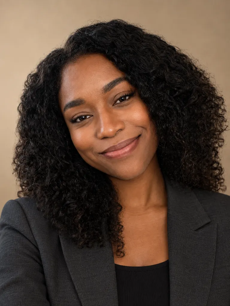The same woman in a charcoal blazer on a warm beige backdrop, as a corporate headshot