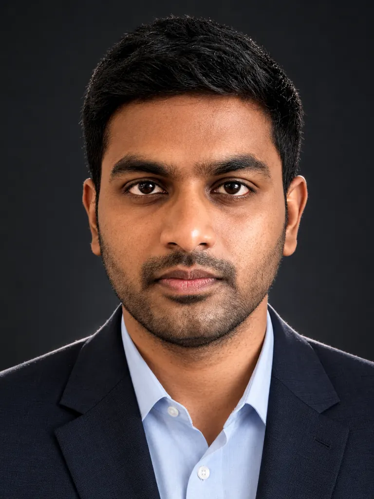 The same man in a dark suit and light blue shirt on a charcoal backdrop, as an executive headshot