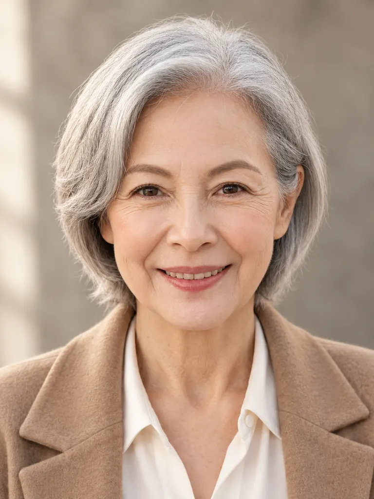 The same woman with short gray hair in a camel jacket on a warm gray backdrop, as a friendly headshot