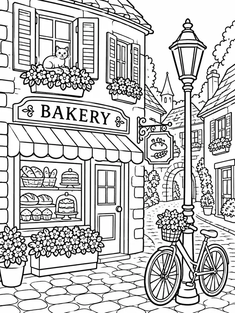 Coloring page line art of a village street with a bakery, a bicycle, flower boxes and a cat