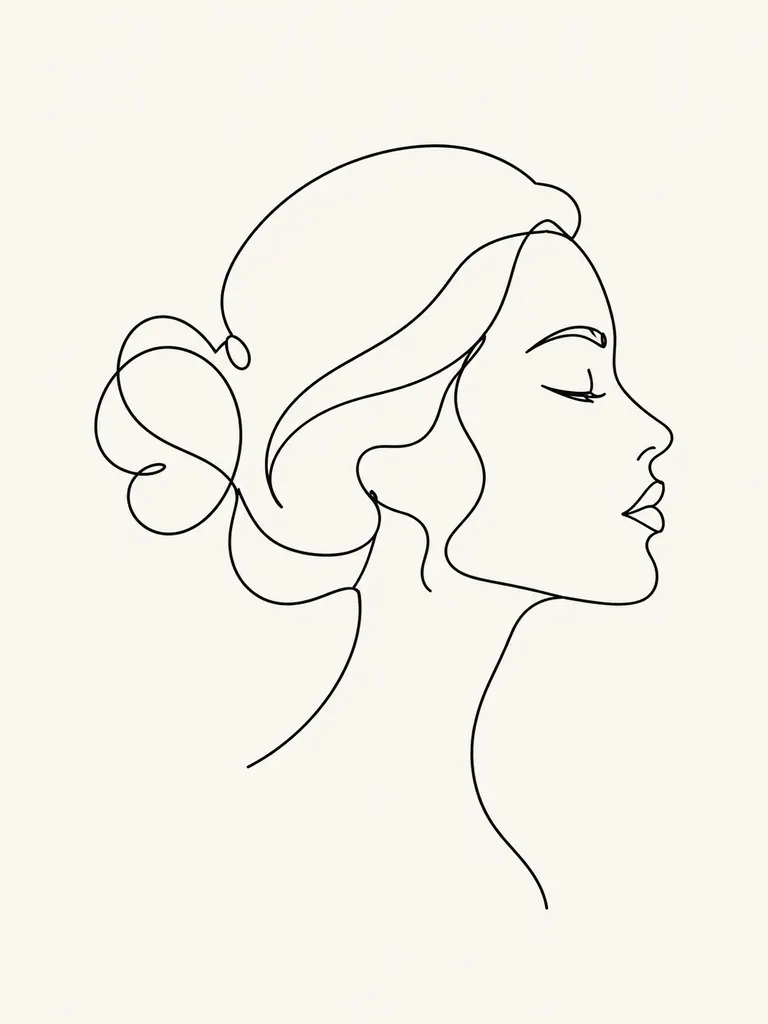 Continuous one-line drawing of a woman’s profile with a loose bun on an off-white background