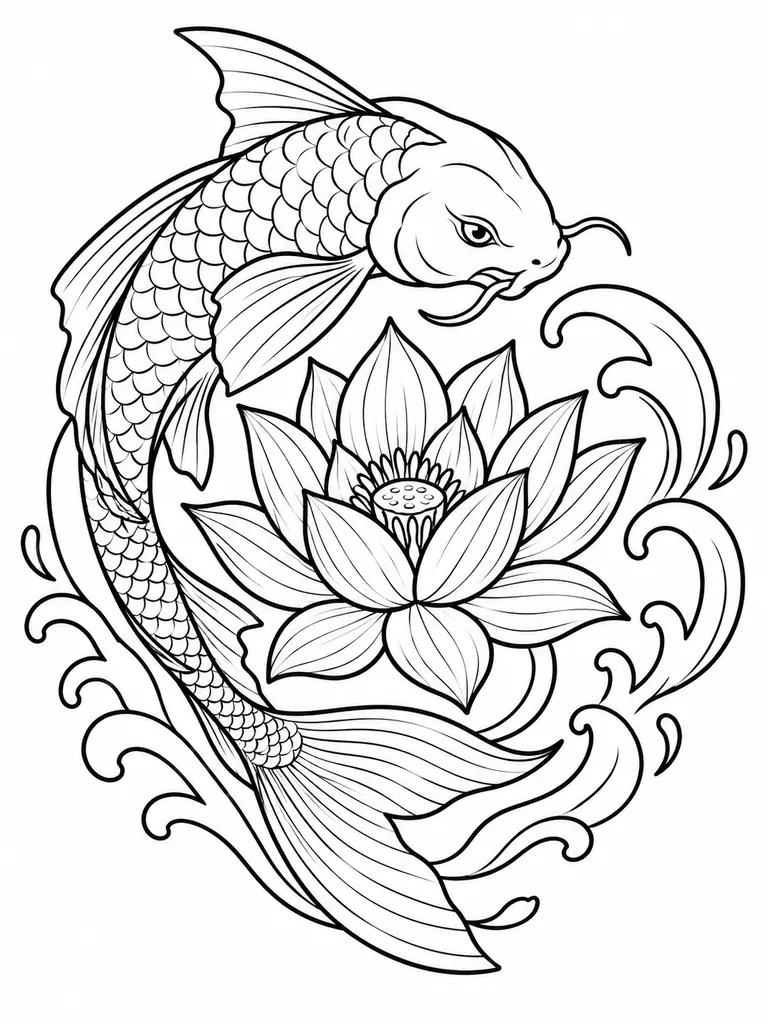 Black line art of a koi fish around a lotus flower, drawn as a clean tattoo stencil