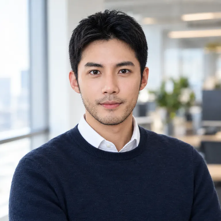 The same man in a navy sweater and white collar in a bright office, framed for a LinkedIn profile
