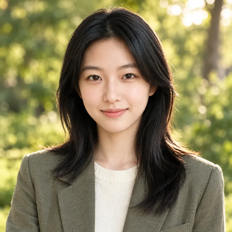 The same woman in an olive blazer outdoors with blurred green trees, as a friendly profile photo
