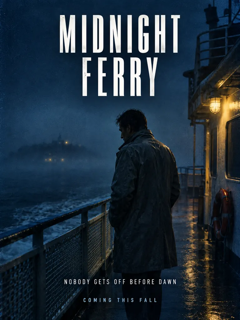 Noir thriller poster titled Midnight Ferry with a man in a raincoat on a foggy ferry deck at night