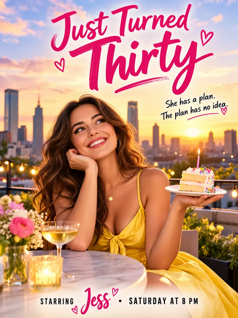 Romantic comedy style birthday poster titled Just Turned Thirty with a woman holding cake on a rooftop