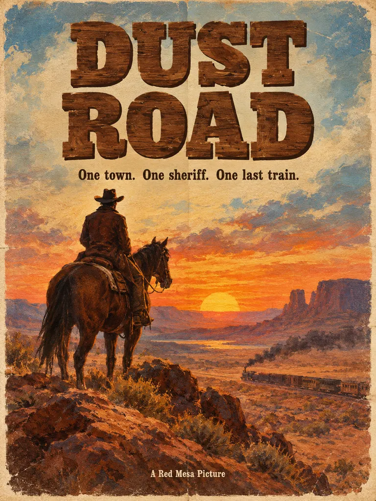 Hand-painted western poster titled Dust Road with a lone rider on a desert ridge at sunset