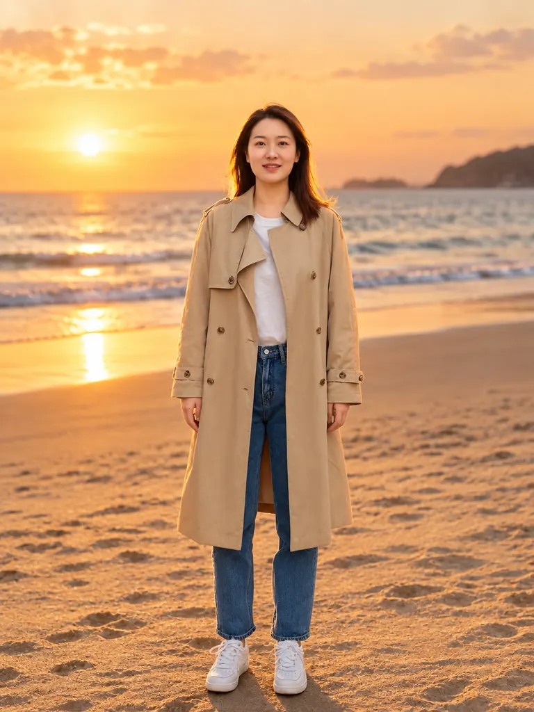 The same woman edited onto a beach at sunset by the AI photo editor