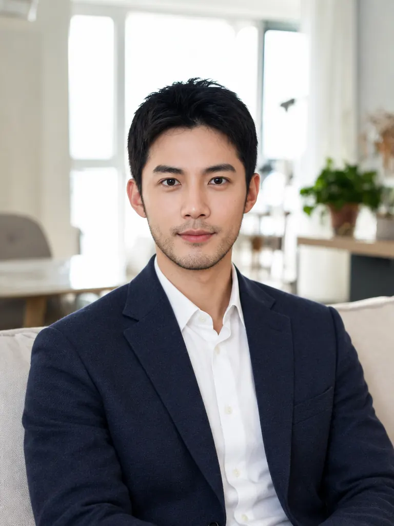 The same man wearing a navy blazer after an AI outfit edit