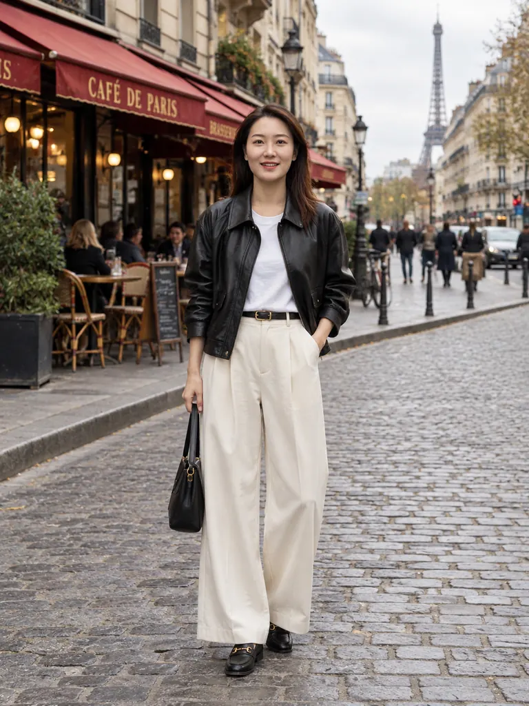 The same woman in a leather jacket and cream trousers on a Paris cobblestone street
