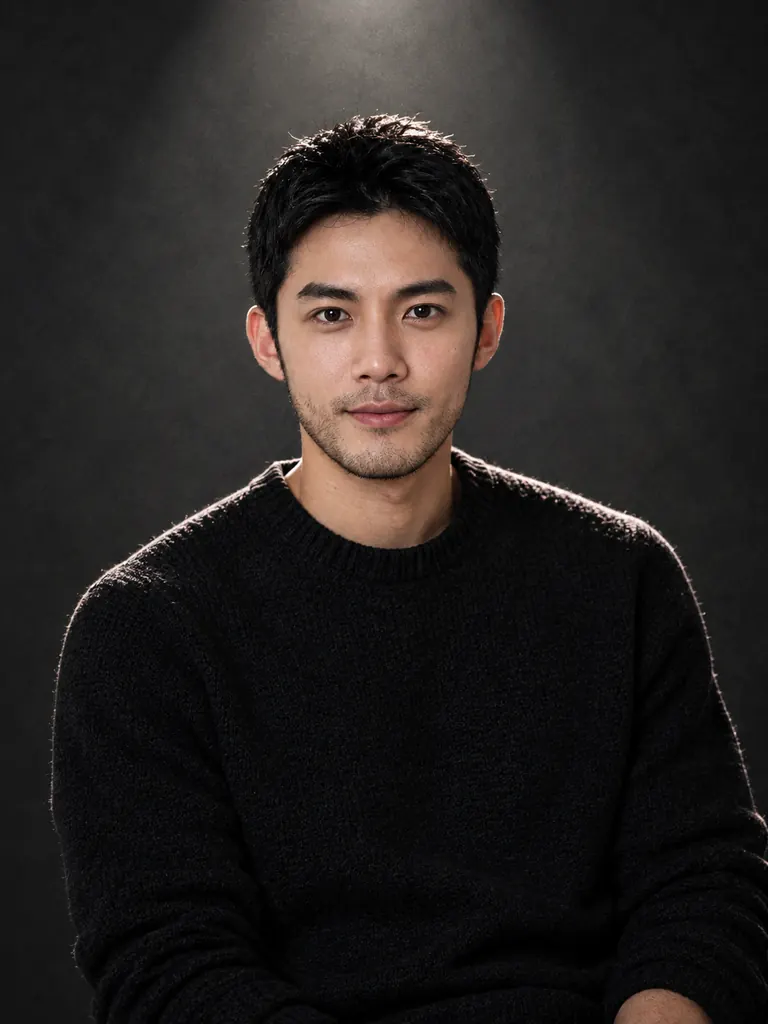 The same man in a black sweater lit by a single spotlight on a dark studio backdrop