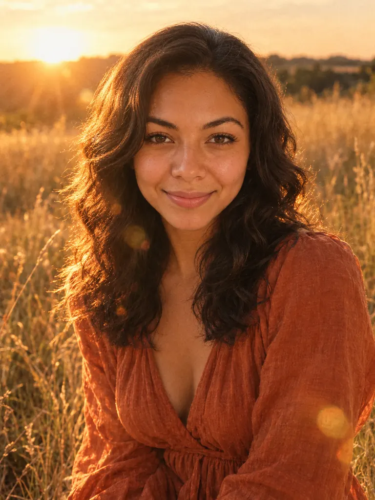 The same woman in a rust linen dress in a golden grass field at sunset