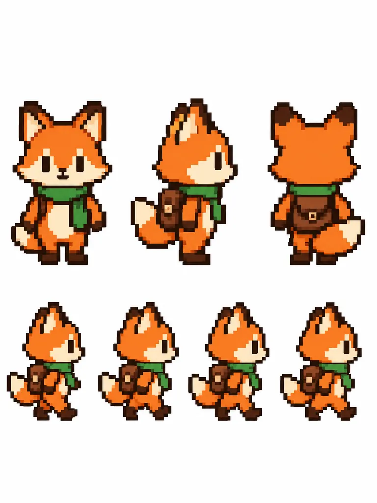 Pixel art sprite sheet of a fox adventurer with a green scarf in front, side, back and walking poses