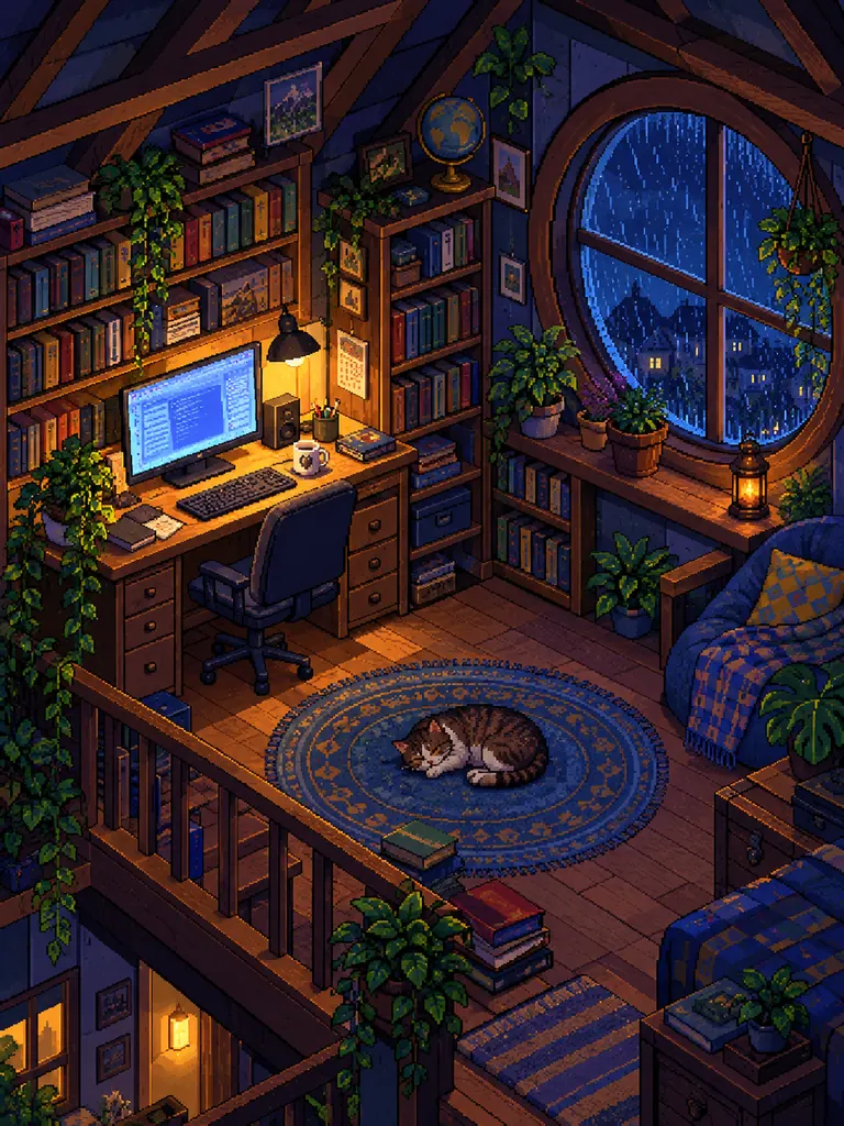 Isometric pixel art of a cozy attic studio at night with a glowing computer, plants and a sleeping cat