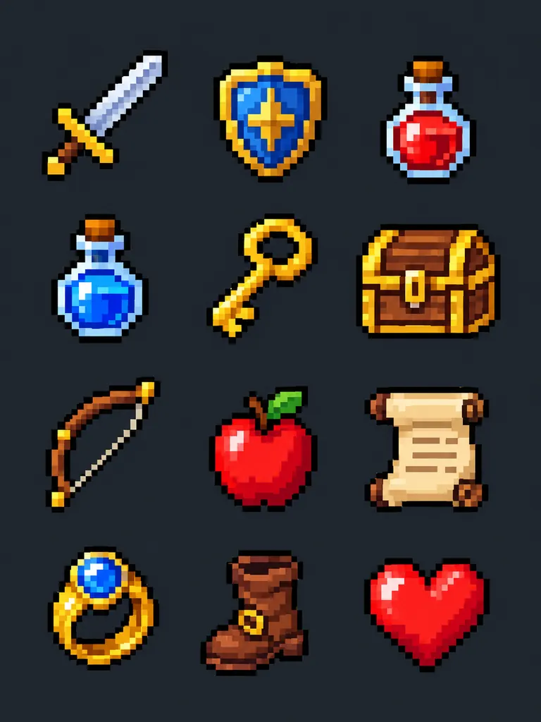 Grid of 8-bit pixel art game item icons including a sword, potions, a key and a treasure chest