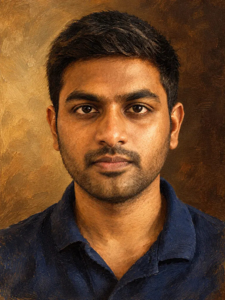 The same man painted as a classical oil portrait with warm brown tones