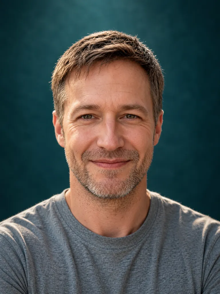 The same man in a studio portrait on a teal backdrop with butterfly lighting