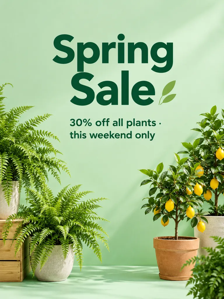 Mint green Spring Sale poster with potted ferns and lemon trees and a bold discount line