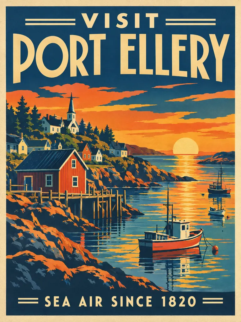 Screen-print style travel poster of a coastal fishing village titled Visit Port Ellery