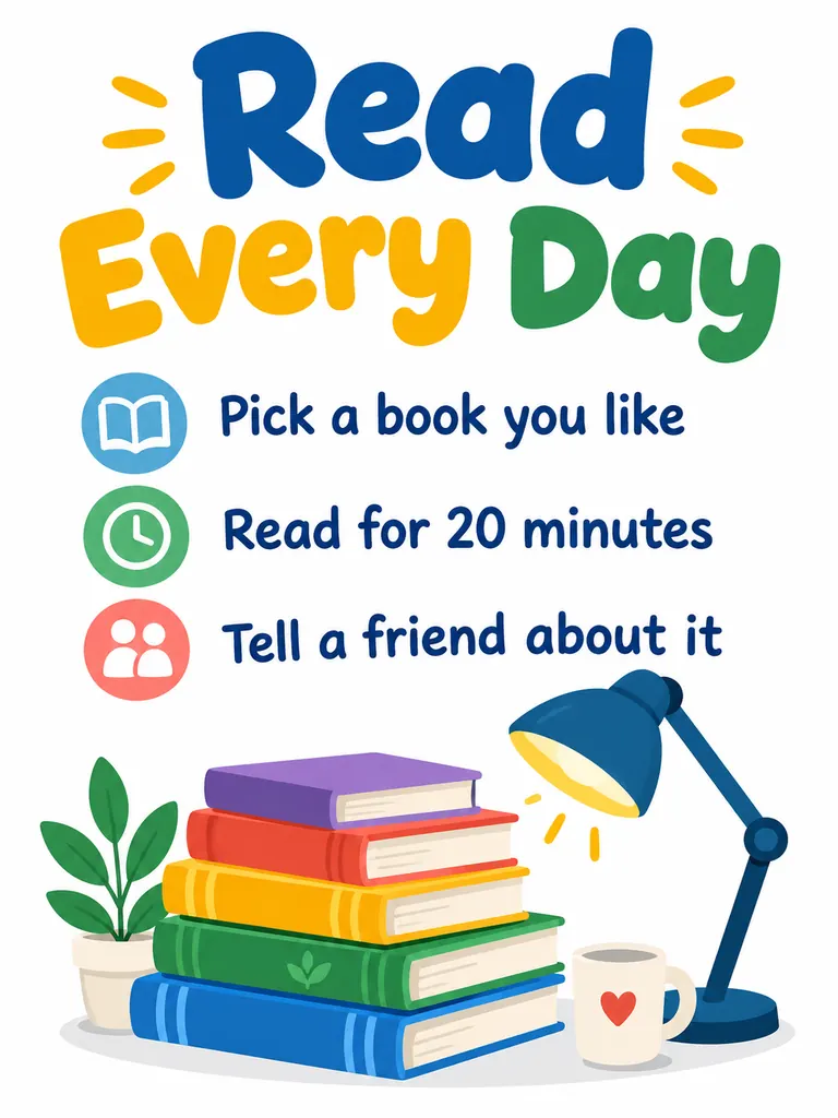 Classroom reading poster titled Read Every Day with three short rules and a stack of books