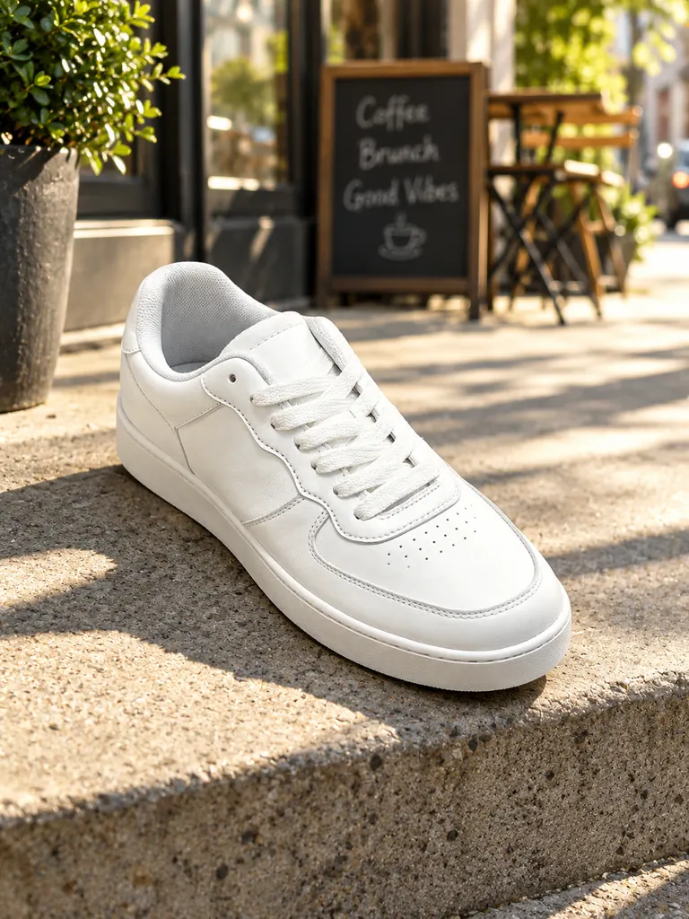 The same white sneaker on a sunlit concrete step outside a cafe