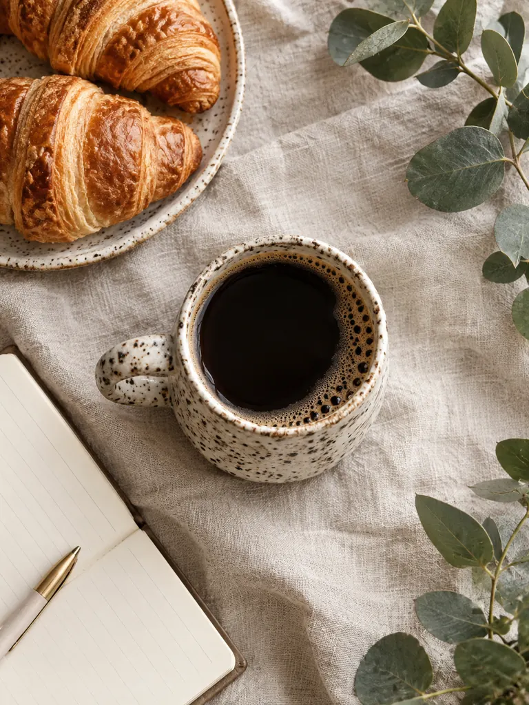 Top-down flat lay of the same ceramic mug with coffee, croissants and eucalyptus