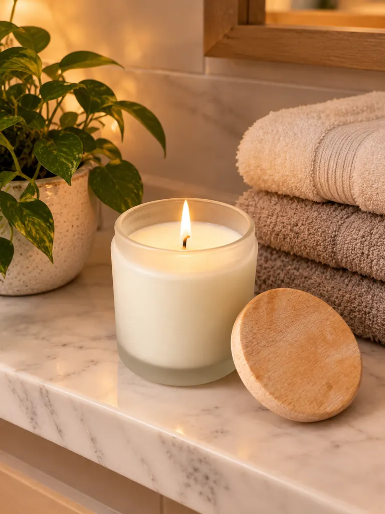 The same candle lit on a marble bathroom shelf beside folded towels