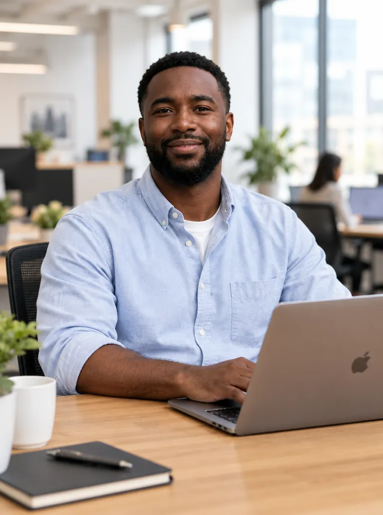 The same man in a light blue shirt at a wooden office desk, as a team page photo