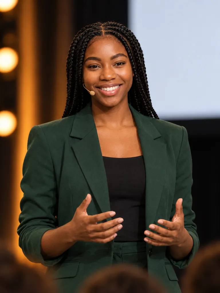 The same woman in a dark green blazer speaking on a conference stage, for a speaker bio