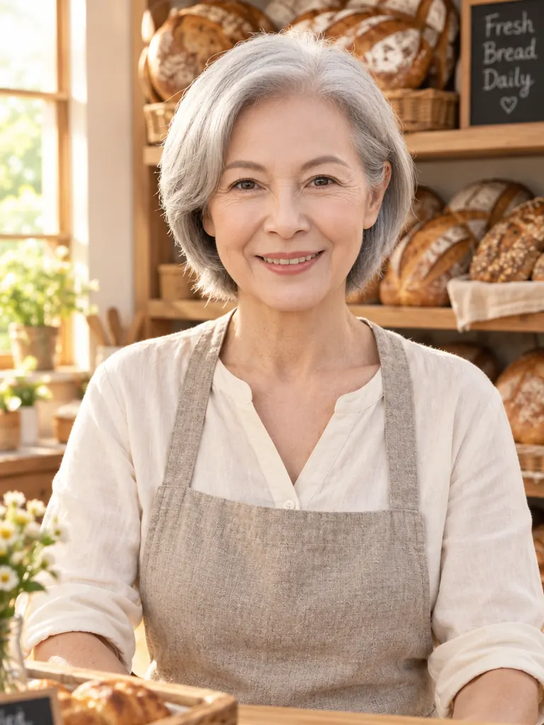 The same woman in a linen apron behind a bakery counter, as an about page photo