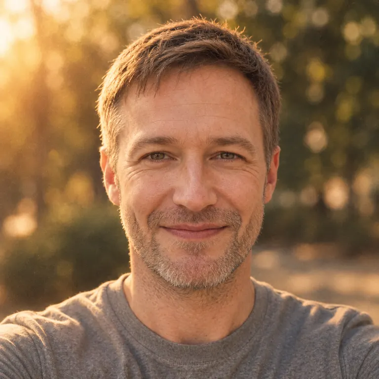 The same man in warm golden hour light with film grain, cropped square for social media