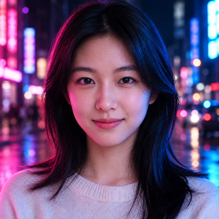 The same woman lit by pink and blue neon on a dark city street, as a square social avatar