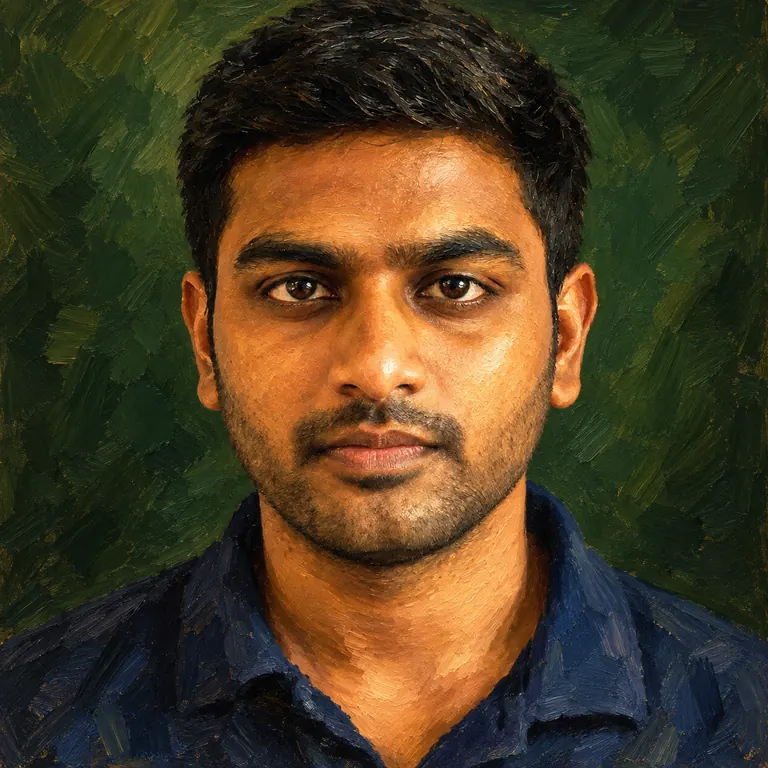 The same man as an oil painting with visible brush strokes on a deep green background
