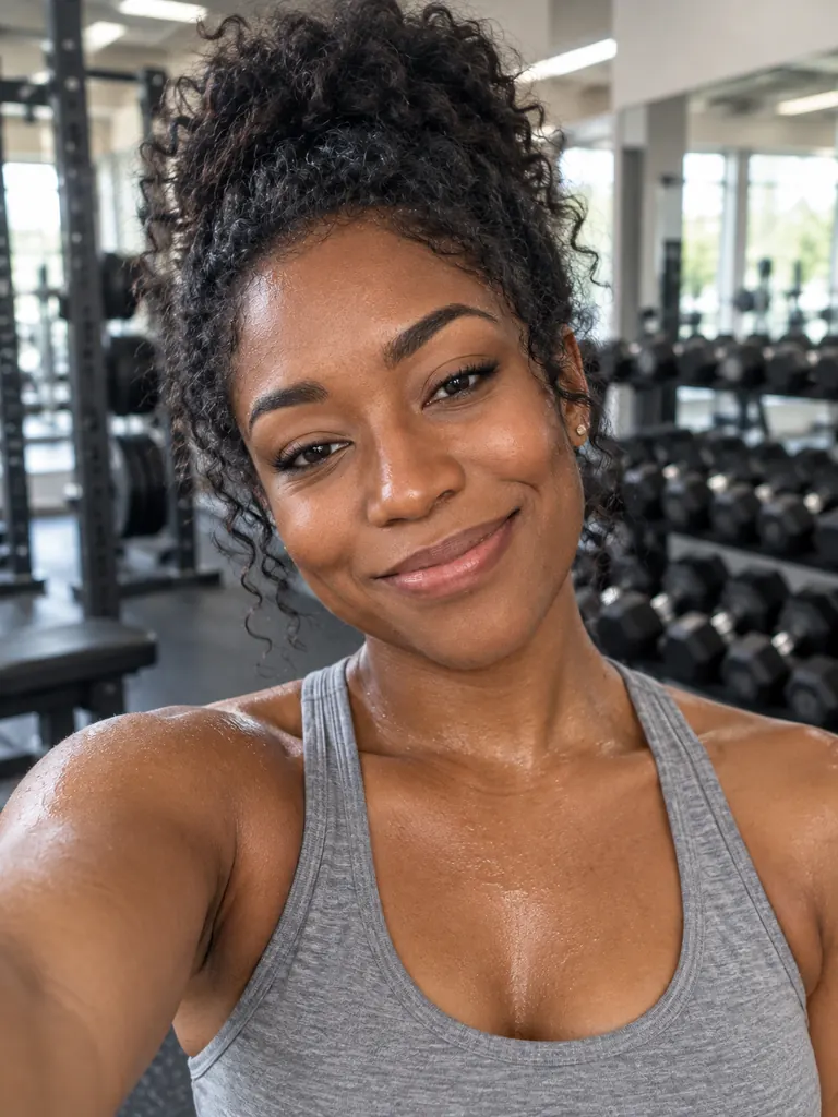 The same woman taking a post-workout selfie in a gym