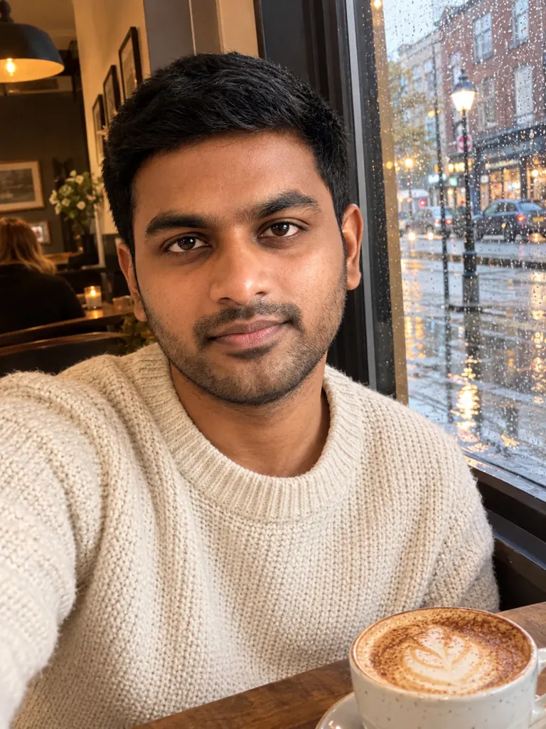 The same man in a cafe selfie with a cappuccino and rain on the window