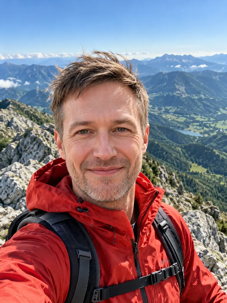 The same man in a hiking selfie on a mountain summit