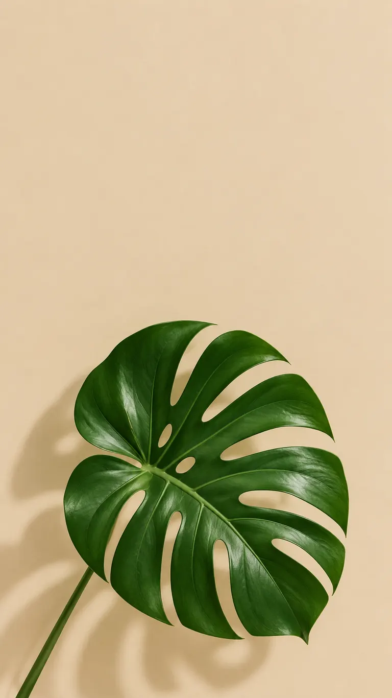 Minimal phone lock screen wallpaper of one green monstera leaf on a beige background
