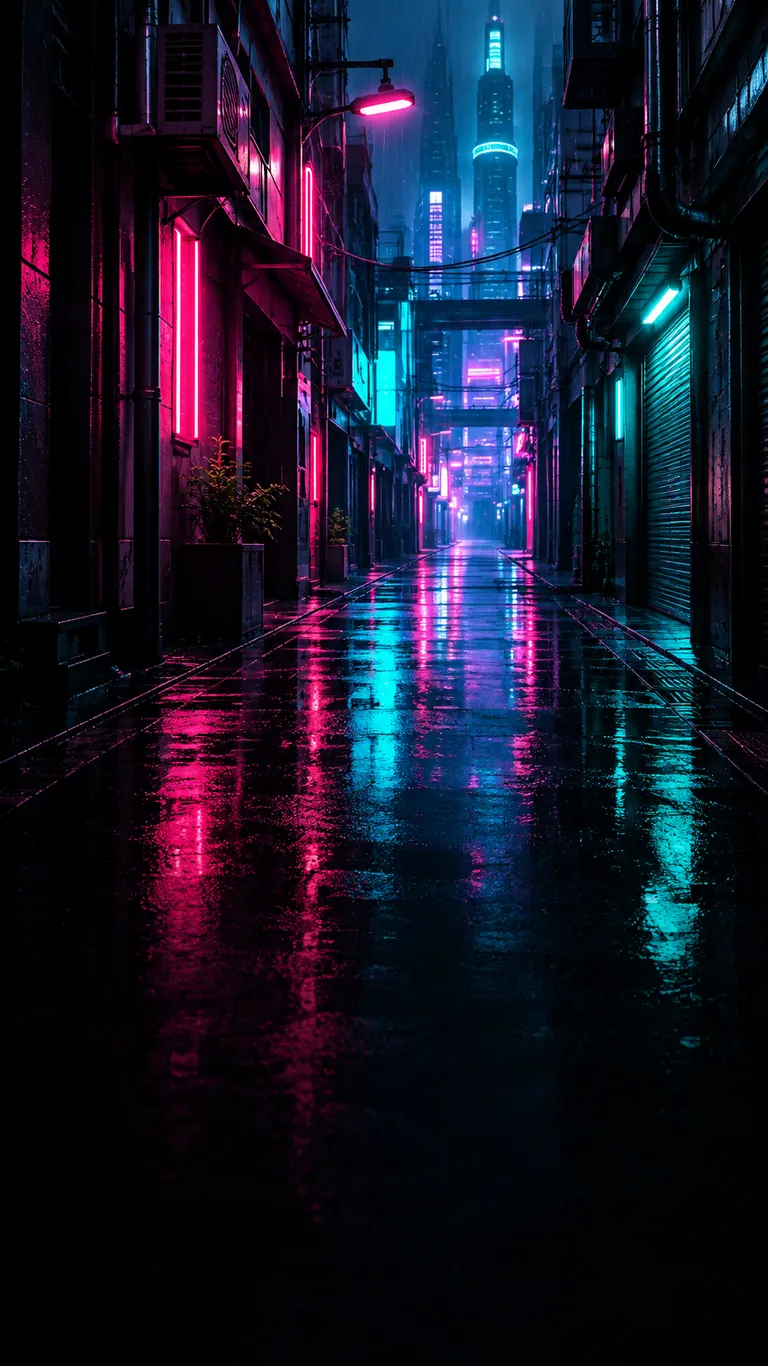 Phone wallpaper of a rainy neon alley at night with pink and teal reflections on wet pavement