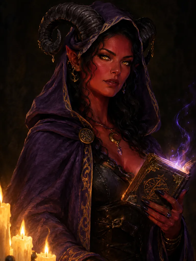 Painterly portrait of a tiefling warlock with red skin, black horns and a violet cloak holding a glowing spellbook