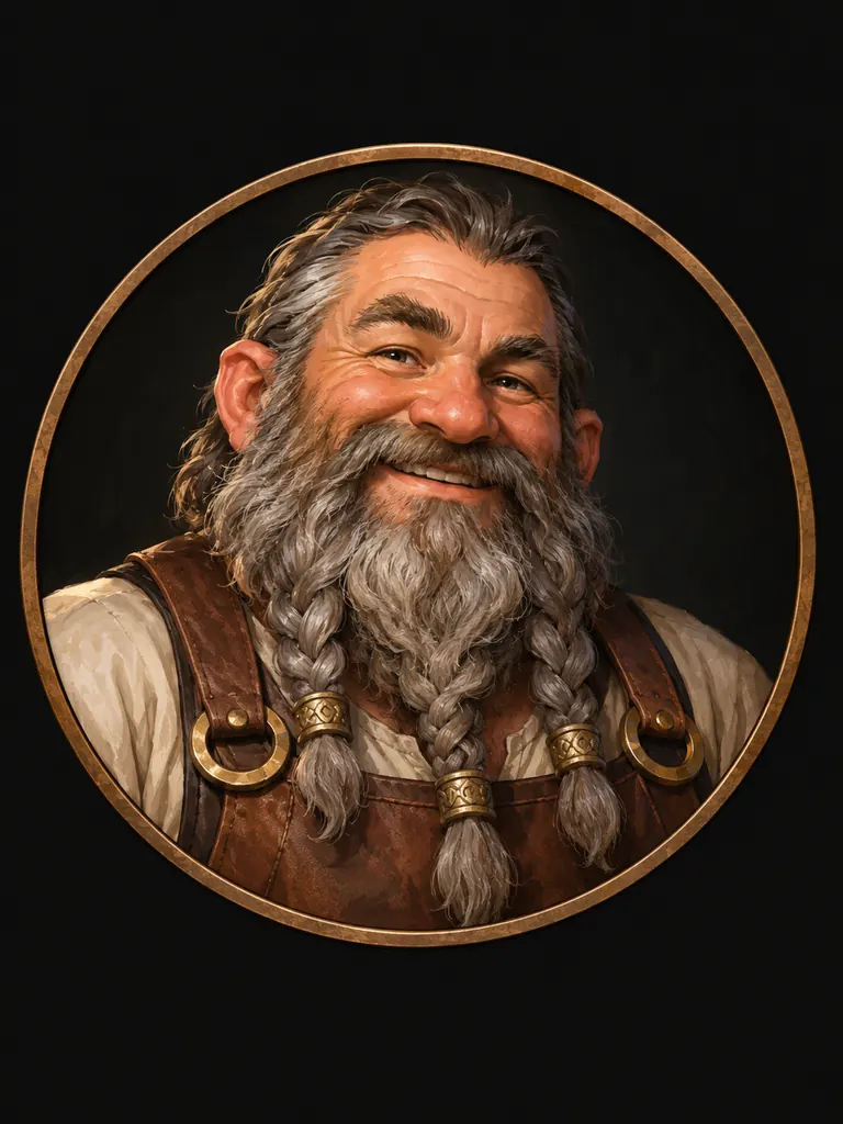 Round token portrait of a gray-bearded dwarf tavern keeper inside a bronze ring border