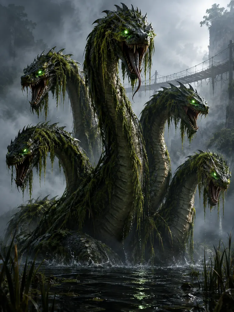 Five-headed swamp hydra with glowing green eyes rising from black water beside a misty rope bridge