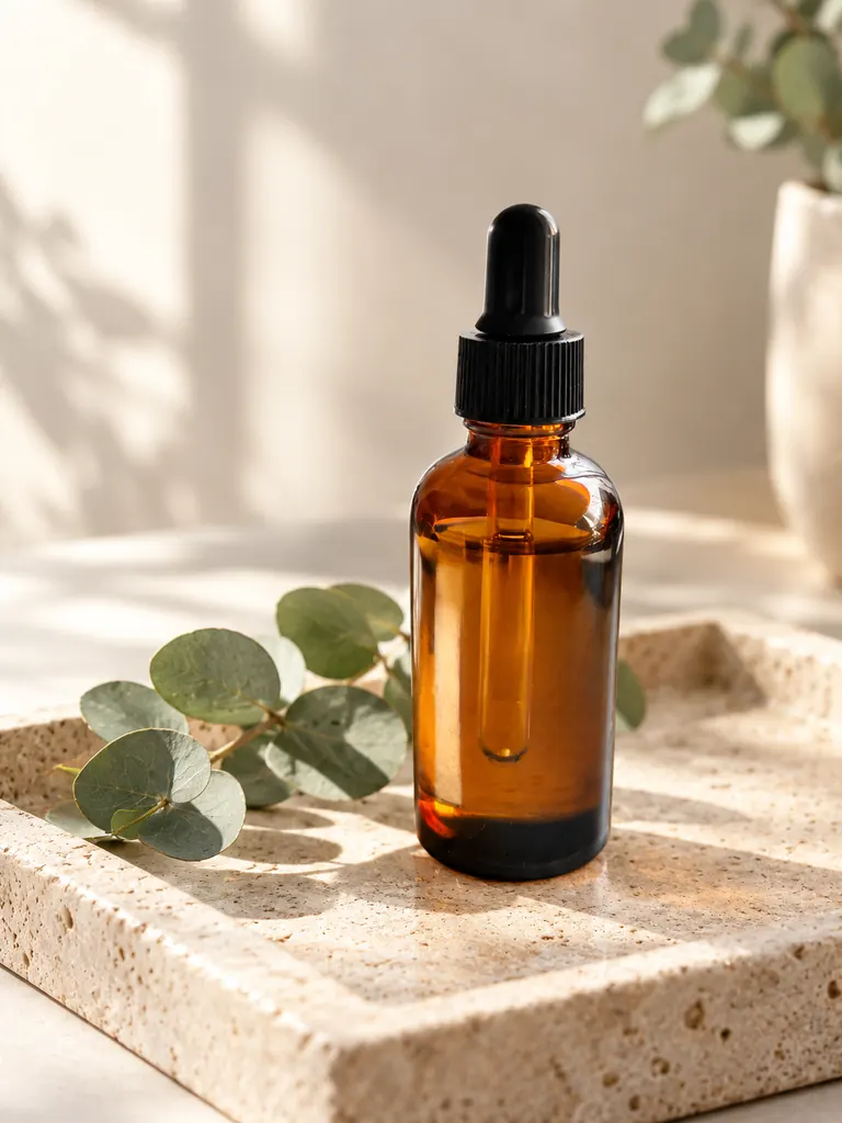 The same amber serum bottle on a stone tray with eucalyptus in a new product scene