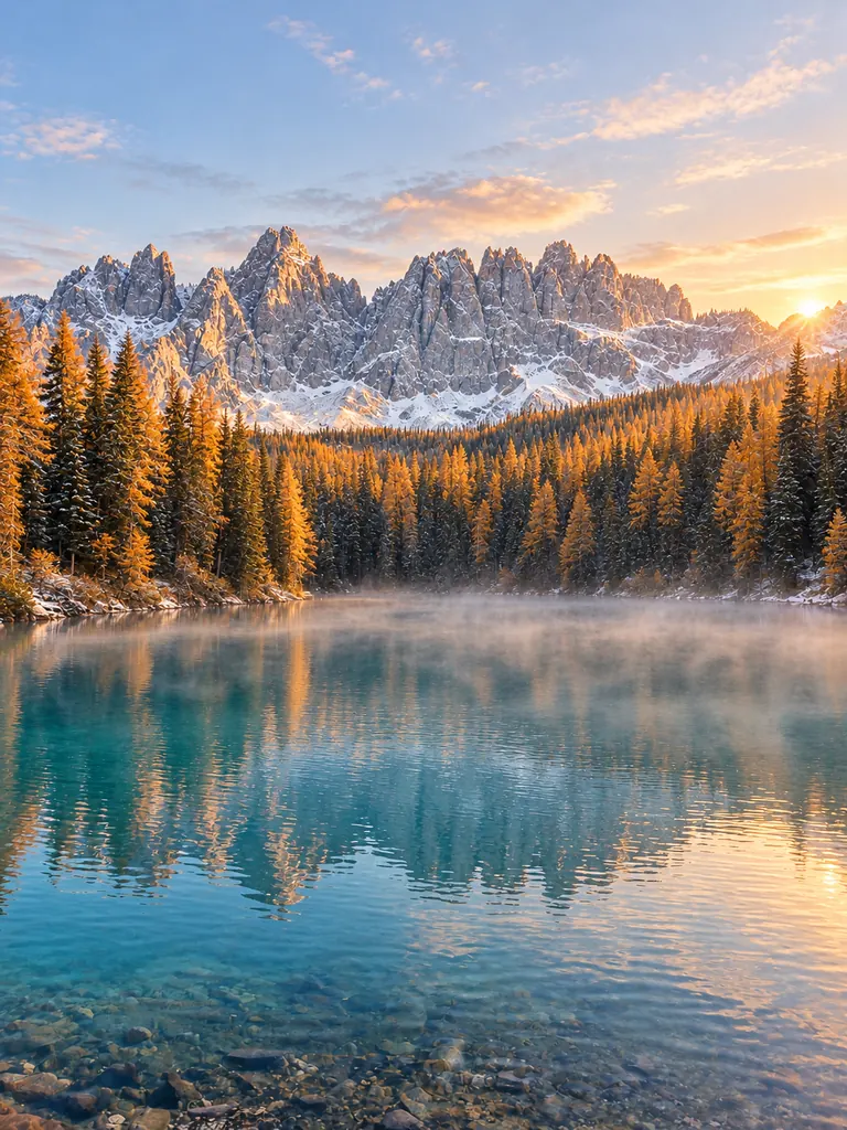 The same mountain lake in autumn at sunrise with golden trees, mist and snowy peaks