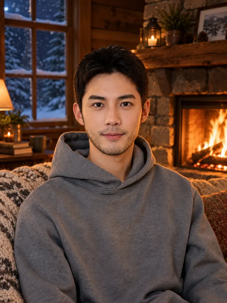 The same man in his gray hoodie on a sofa in a wooden cabin by a glowing fireplace