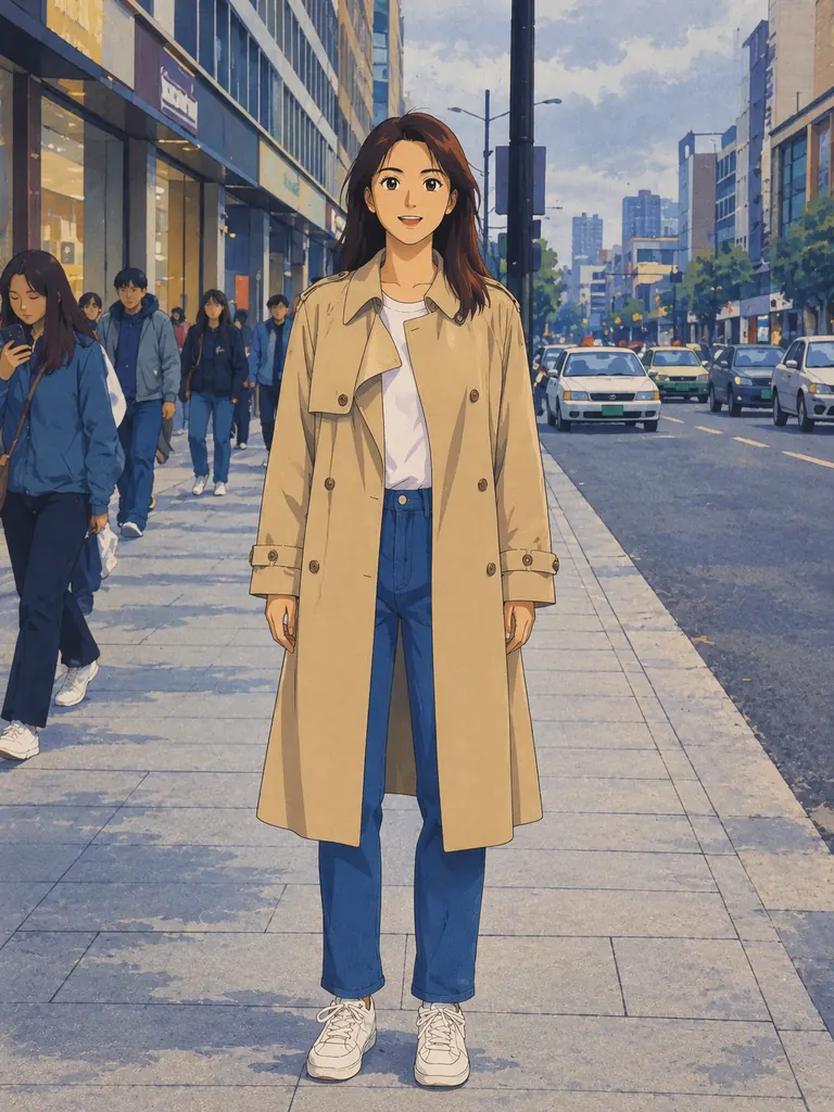 The same woman and street as a grainy 1990s cel anime frame